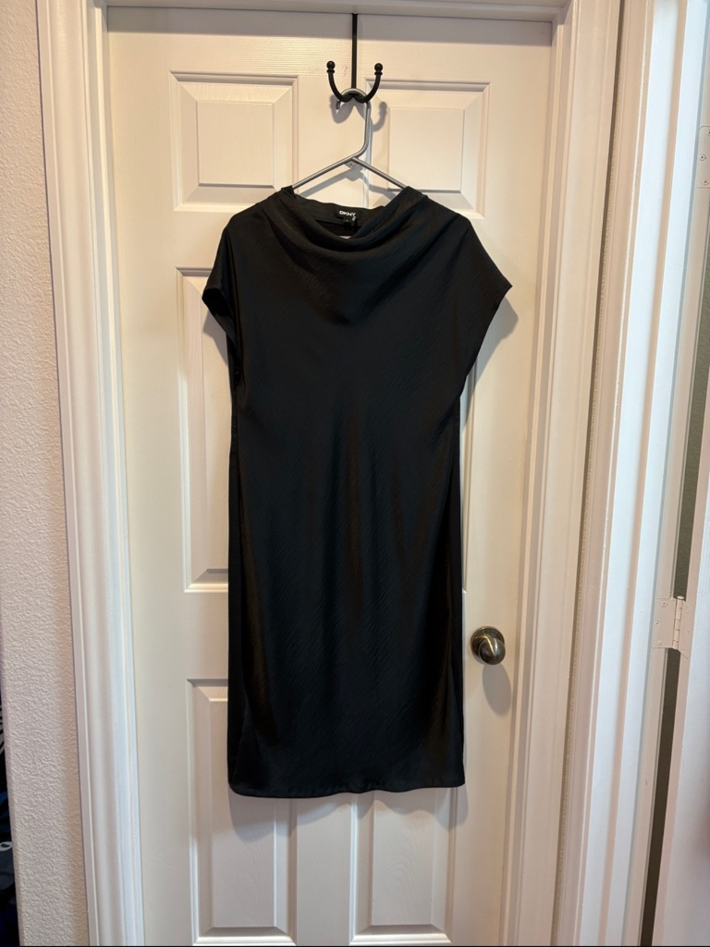 DKNY Black Cap-Sleeve Midi Dress with Cowl Neck